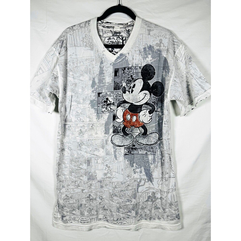 Disney Mickey Mouse Comic Print V-Neck Short Sleeve T-Shirt L White/Gray